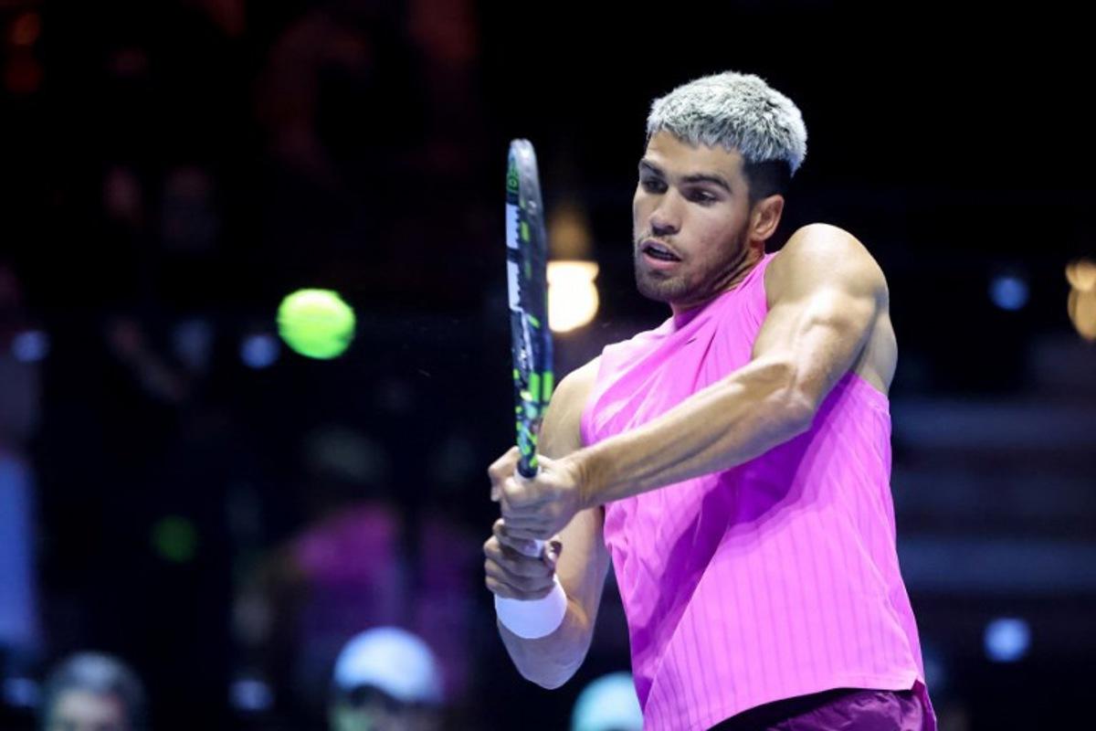 Spain's Carlos Alcaraz returns the ball against the US' Taylor Fritz during the semi-final of the Six Kings Slam exhibition tennis tournament in Riyadh on October 16, 2025. Fayez NURELDINE / AFP