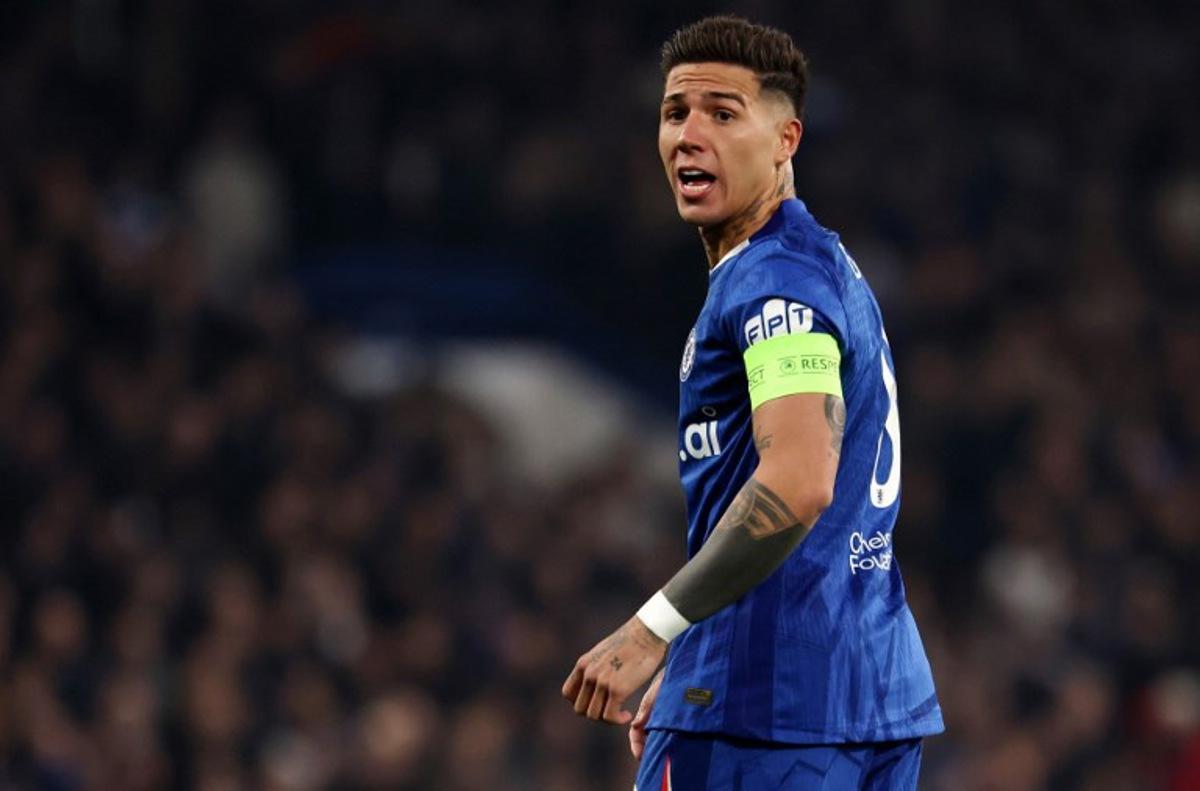 Chelsea's Argentinian midfielder #08 Enzo Fernandez reacts during the UEFA Champions League round of 16 second leg football match between Chelsea FC and Paris Saint Germain (PSG) at Stamford Bridge, west London on March 17, 2026. FRANCK FIFE / AFP
