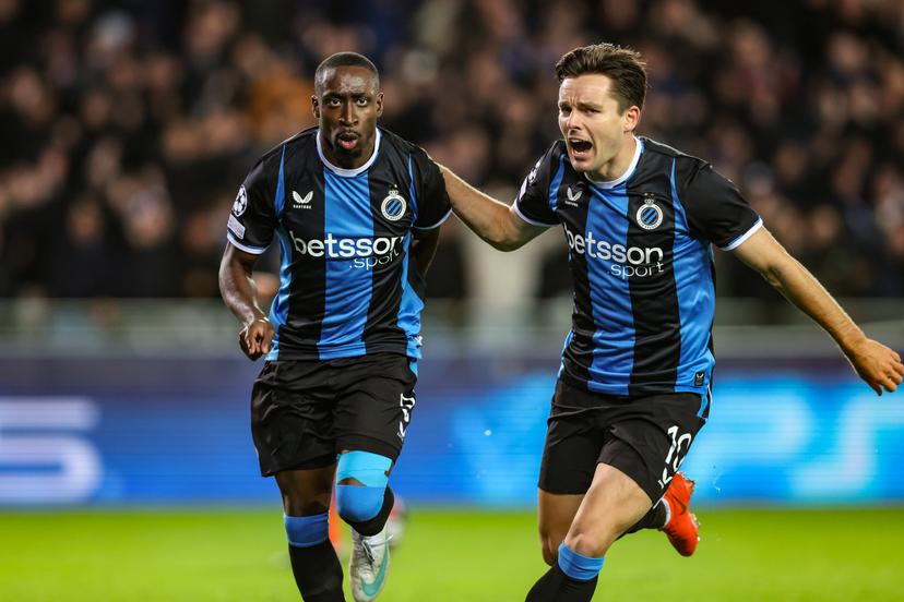 Club's Carlos Forbs celebrates after scoring during a soccer game between Belgian Club Brugge KV and French Racing Club de Lens, Wednesday 21 October 2026 in Brugge, on day three of the UEFA Champions League league phase. BELGA PHOTO BRUNO FAHY