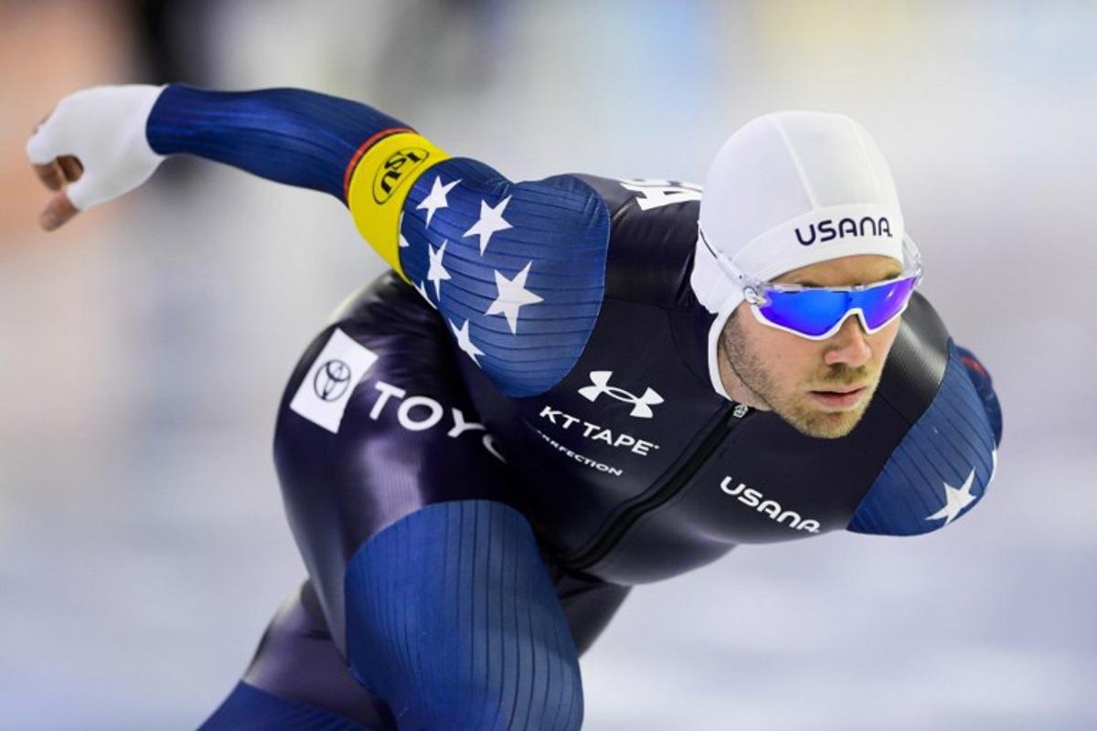 US Joey Mantia competes in the 1500 meters Speed Skating World Cup Final at Thialf in Heerenveen on March 13, 2022. Olaf Kraak / ANP / AFP
