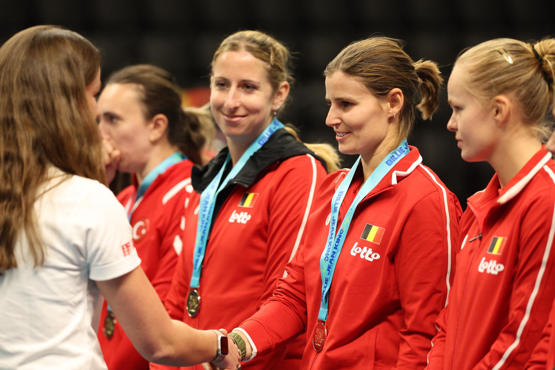 Belgian Greet Minnen winner of the medal celebrates of the medal ceremony after the Promotion Play-offs between Belgium and France in the Europe/Africa Group I of the Billie Jean King Cup tennis, on Friday 11 April 2025 in Vilnius, Lithuania. PHOTO VIRGINIE LEFOUR