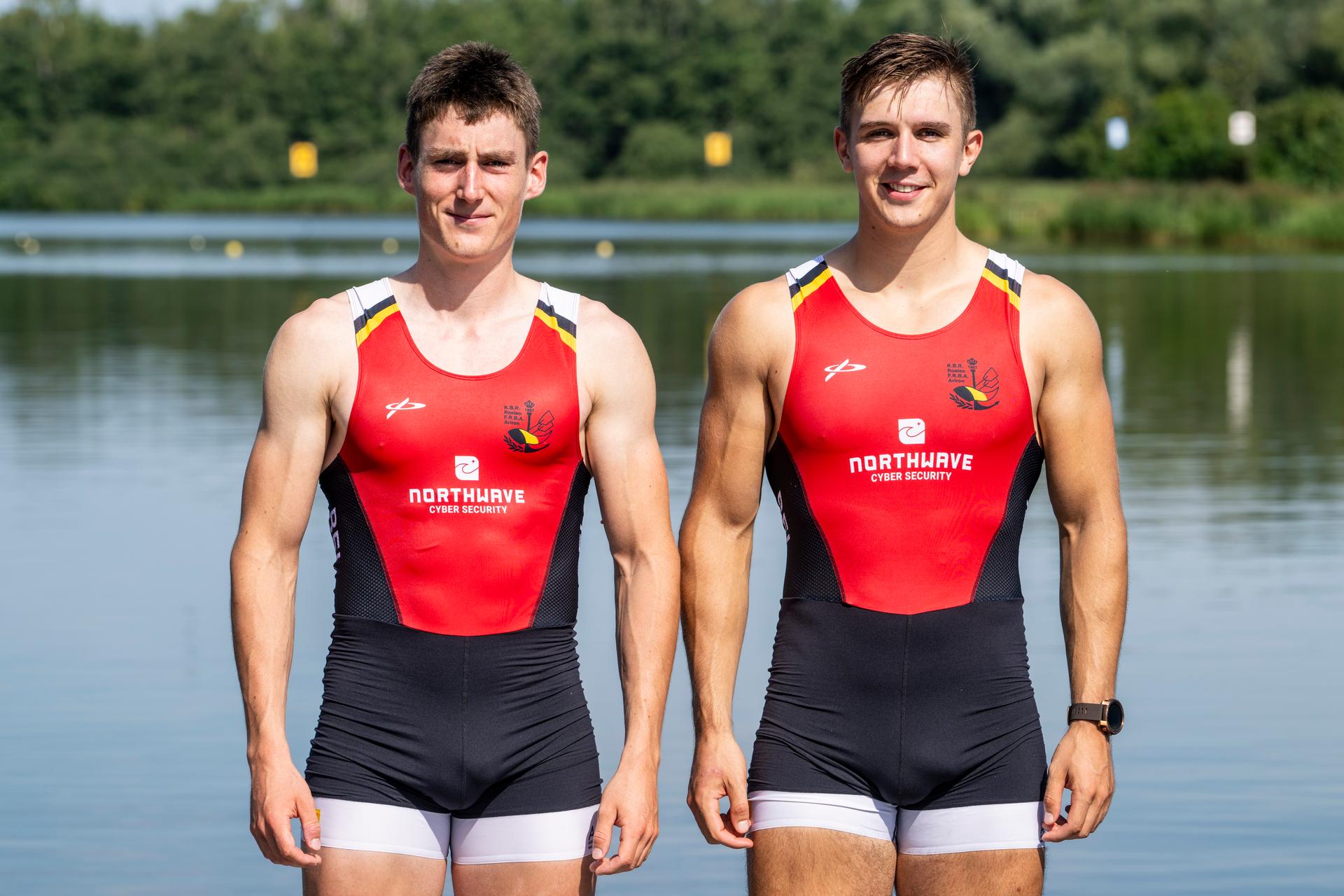 U23 Belgian Shark rower Aaron Andries and U23 Belgian Shark rower Tristan Vandenbussche pose for the photographer at a press conference organized by the Vlaamse Roeiliga and Peddelsport Vlaanderen, ahead of the Olympic Games in Parijs 2024, Friday 11 August 2023 in Willebroek. During this press conference, the selection criteria and the athletes towards the Paris Olympics will be presented. BELGA PHOTO TOM GOYVAERTS