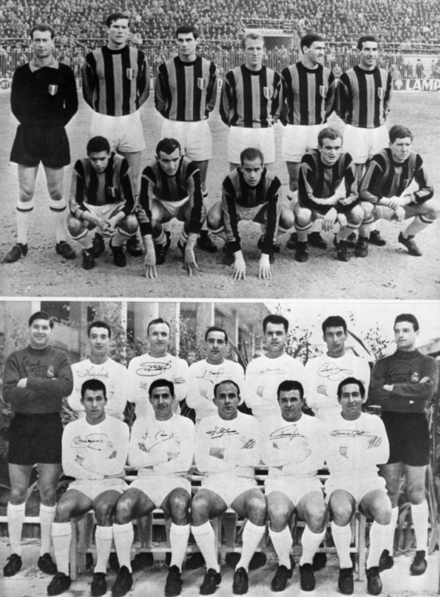 An undated photo of Inter Milan soccer team (top photo from L-R bottom row) Jair, Corso, Suarez, Mazzola and Szymaniak, (top row L-R) Sarti, Facchetti, Guarnieri, Tagnin, Burgnich and Picchi. Bottom photo shows Real Madrid soccer team (top row L-R) Vicente, Isidro, Santamaria, Casado, Muller, Pachin, Araquistain. (Bottom row L-R) Amancio, Felix Ruiz, Di Stefano, Puskas and Gento. The two teams played against each other in the 1964 UEFA/European Cup final in Vienna. AFP PHOTO
