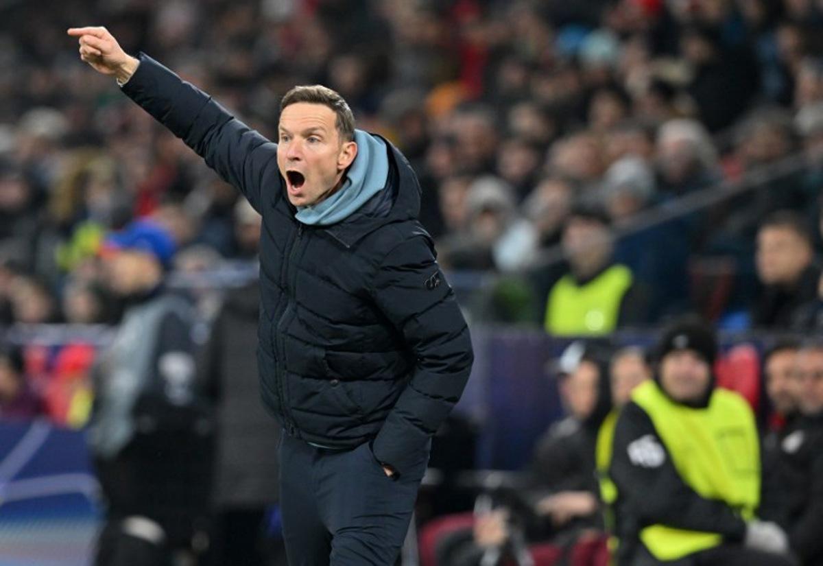Salzburg's Dutch head coach Pepijn Lijnders gestures during the UEFA Champions League football match between FC RB Salzburg and Paris Saint-Germain in Salzburg, Austria on December 10, 2024. KERSTIN JOENSSON / AFP