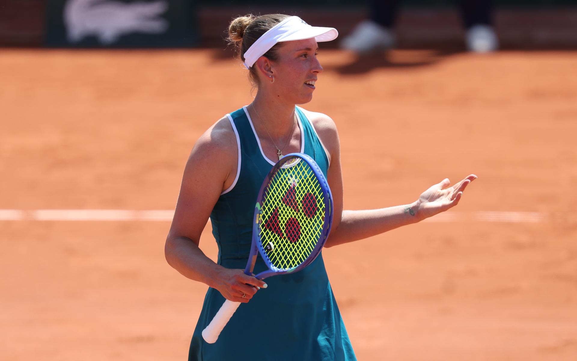 Belgian Elise Mertens celebrates after winning a first round match in the women's singles between German Maria and Belgian Mertens at the Roland Garros French Open tennis tournament, in Paris, France, Monday 25 May 2026. This year's tournament takes place from 18 May to 07 June. BELGA PHOTO VIRGINIE LEFOUR