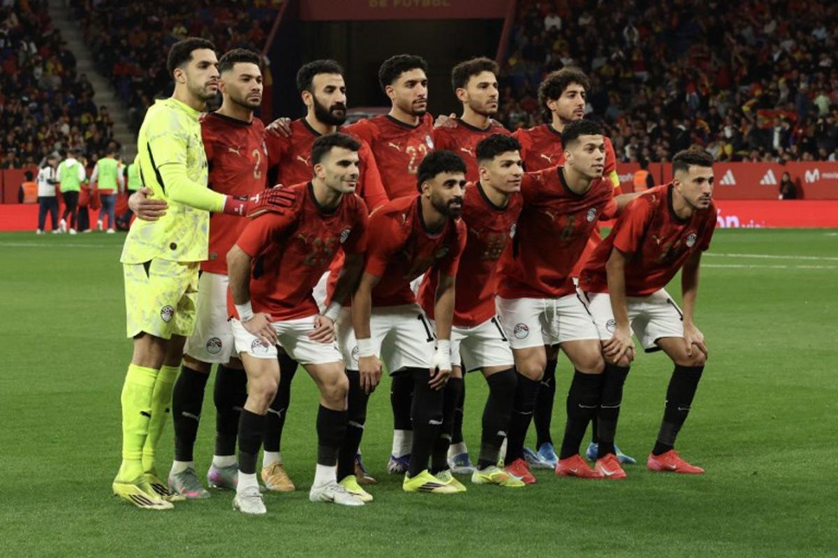 Egypt's players line up before the international friendly football match between Spain and Egypt at RCDE Stadium in Cornella de Llobregat, near Barcelona, on March 31, 2026. Lluis GENE / AFP