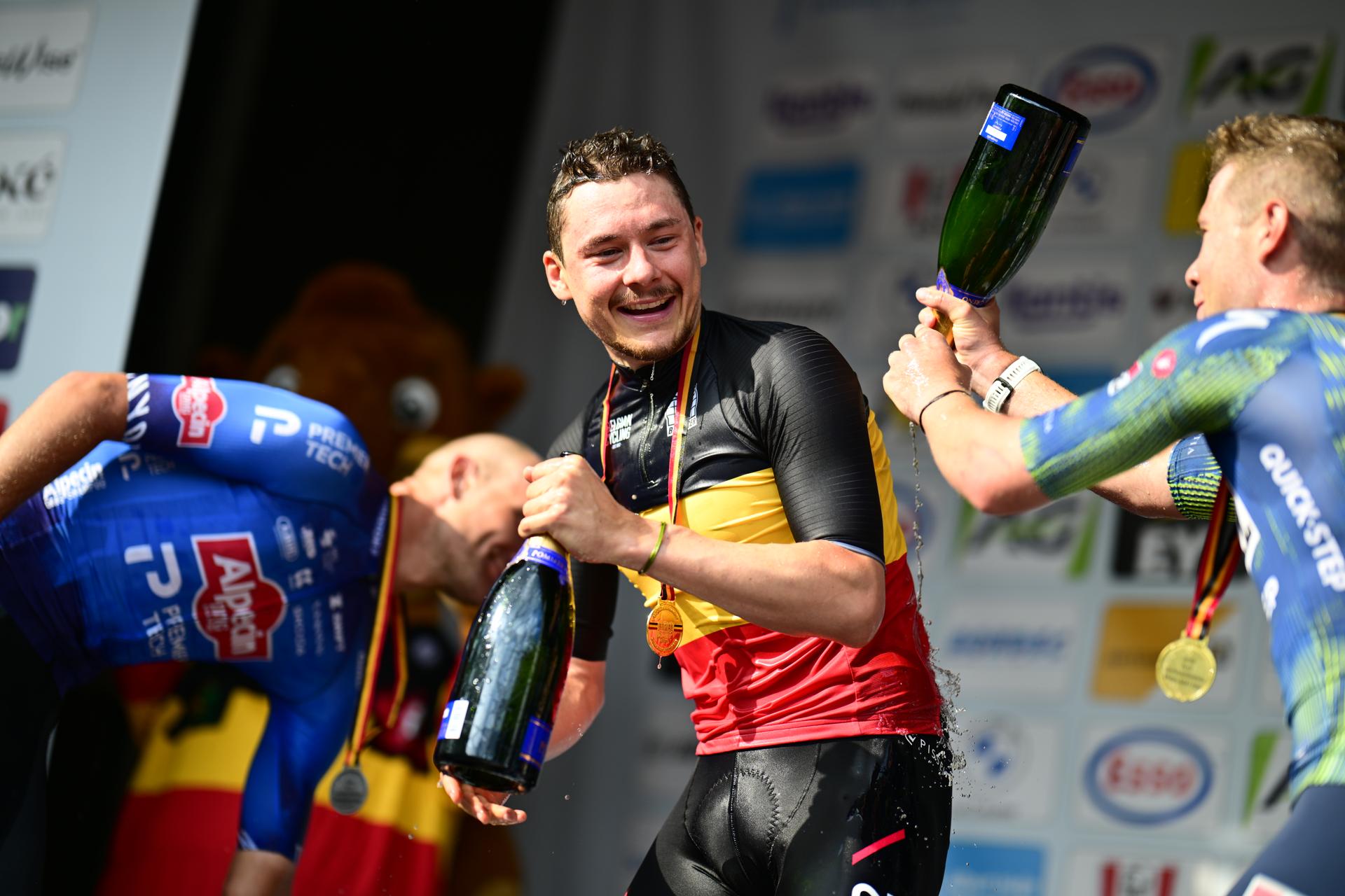 Belgian Jonas Rickaert of Alpecin-Premier Tech, Belgian Rune Herregodts of UAE Team Emirates-XRG and Belgian Fabio Van den Bossche of Soudal Quick-Step pictured on the podium after the men's elite race (240km) at the Belgian Cycling Championships, from Antwerp to Brasschaat on Sunday 28 June 2026. BELGA PHOTO TOM GOYVAERTS