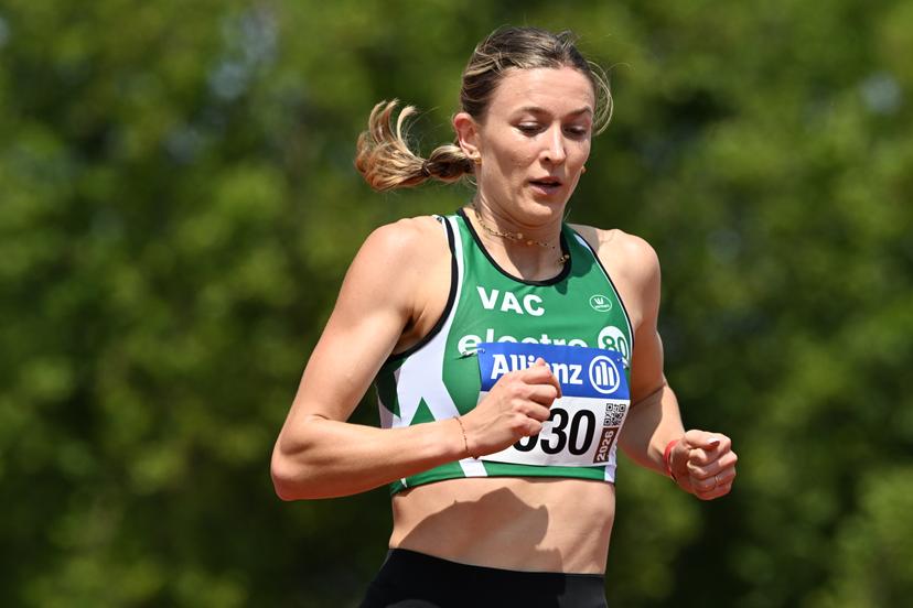 Belgian Paulien Couckuyt pictured in action during the 400m hurdles race, at the Belgian athletics championships, Saturday 25 July 2026 in Kessel-Lo, Leuven. BELGA PHOTO JILL DELSAUX