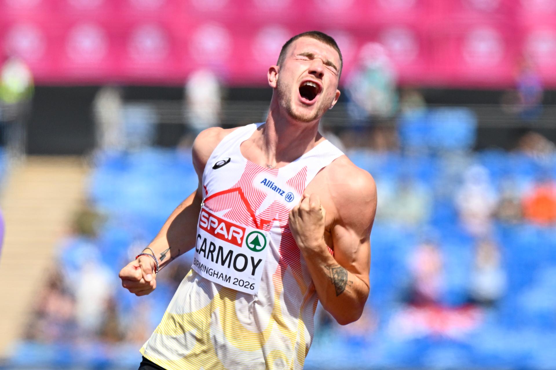 Belgian athlete Thomas Carmoy celebrates after 2m23 as he qualified for the final during the Men High Jump qualification, on the second day of the European Athletics Championships (August 10-18) in Birmingham, United Kingdom, on Tuesday 11 August 2026. BELGA PHOTO ERIC LALMAND
