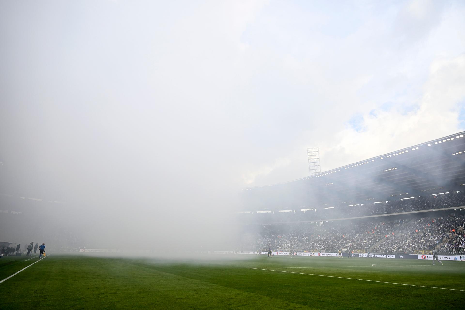 A fog by pyro material above the King Baudouin Stadium during a soccer game between Royale Union Saint-Gilloise and RSC Anderlecht, Thursday 14 May 2026 in Brussels, the final of the 'Croky Cup' Belgian soccer cup. BELGA PHOTO TOM GOYVAERTS