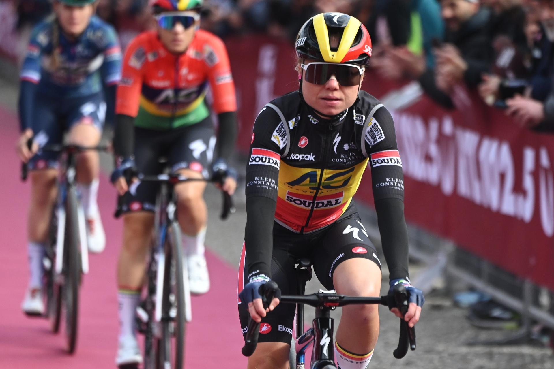 Belgian Justine Ghekiere of AG Insurance-Soudal Team pictured at the start of the women elite 'Strade Bianche' one day cycling race, 133km from and to Siena, Italy, on Saturday 07 March 2026. BELGA PHOTO ELIAS ROM