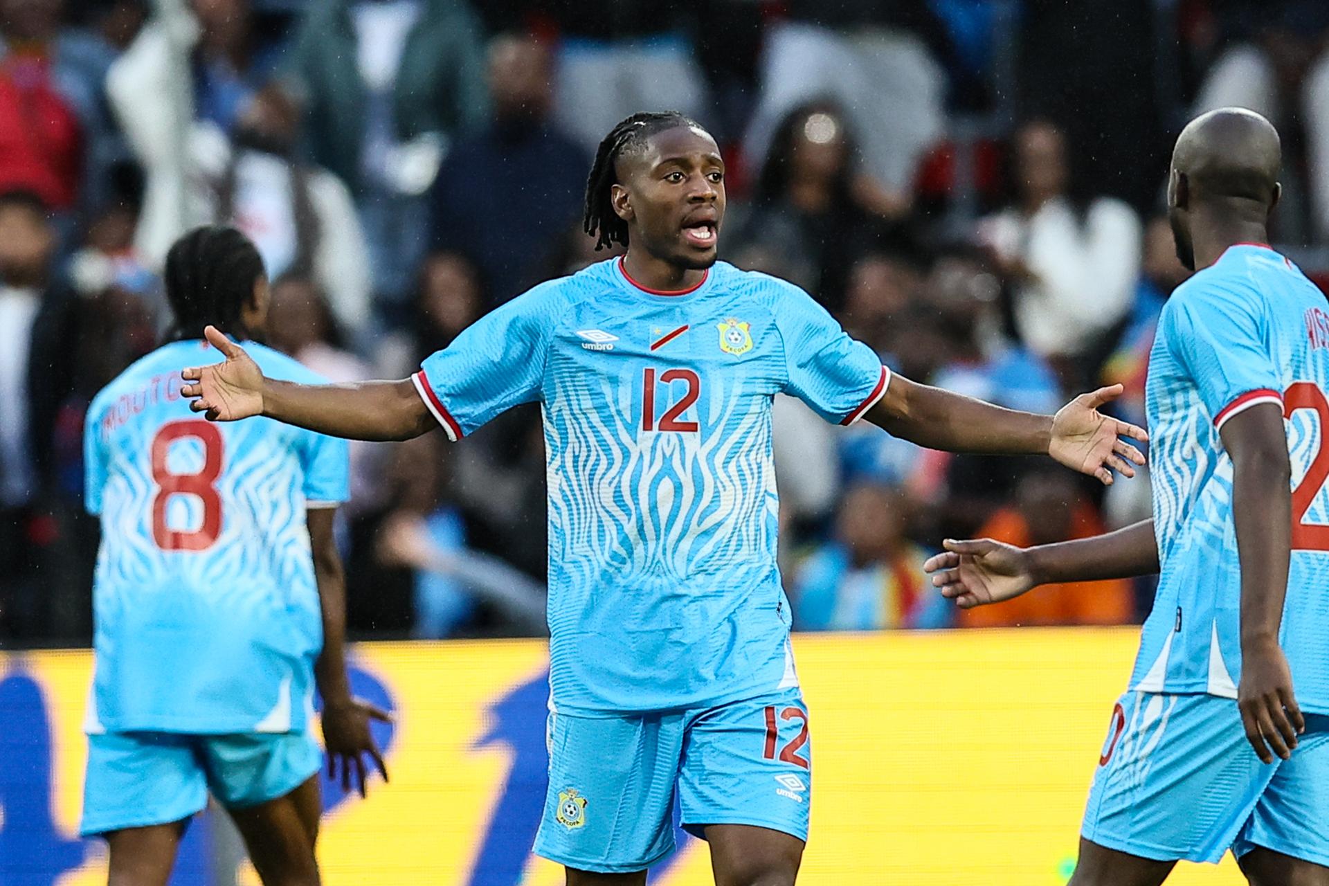 Congolese Joris Kayembe pictured during a friendly soccer game between the national teams of DR Congo and Denmark, Wednesday 03 June 2026 in Liege, in preparation of the upcoming the 2026 World Cup. BELGA PHOTO BRUNO FAHY