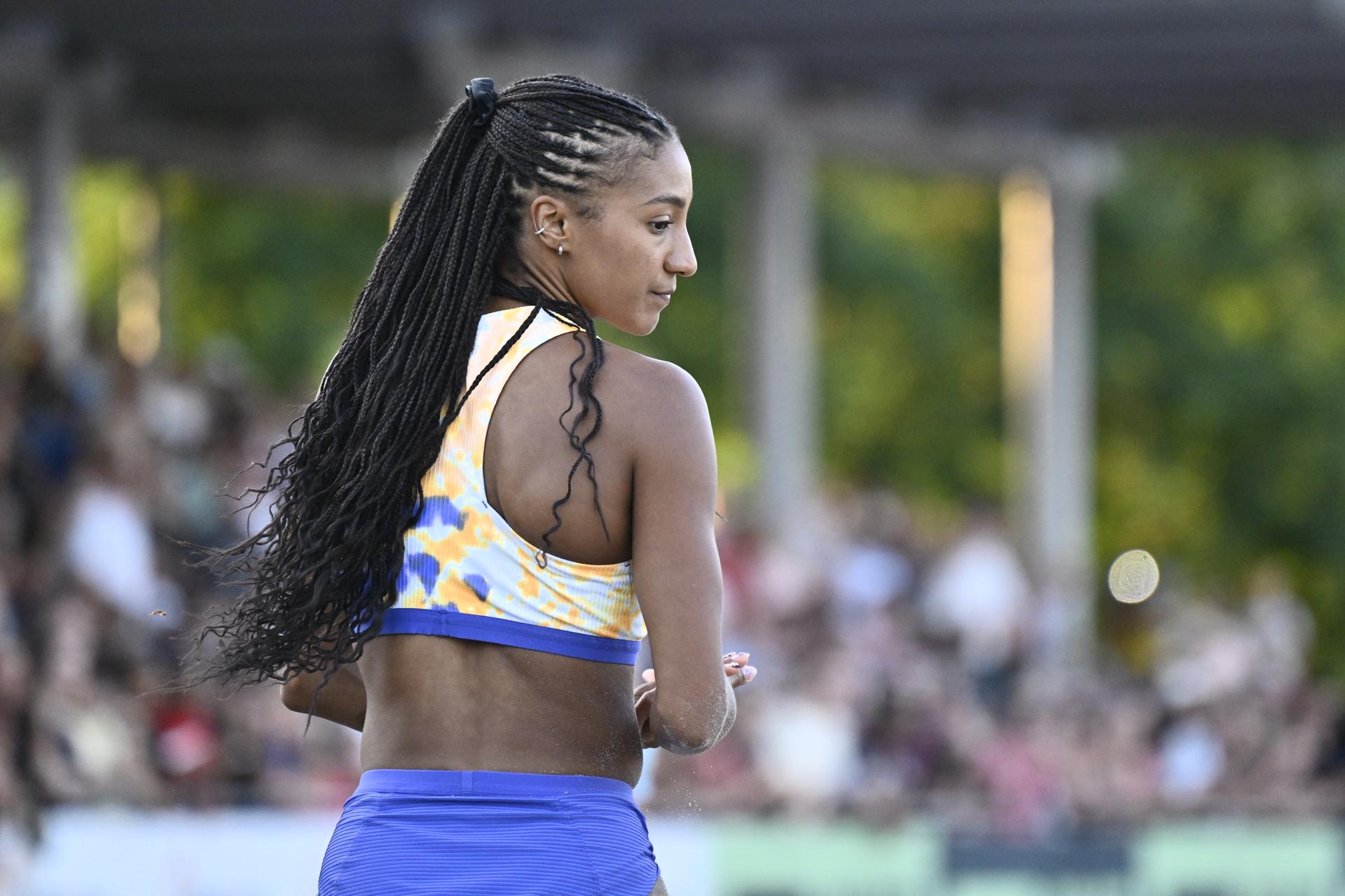 Belgian Nafissatou Nafi Thiam pictured in action during the women long jump at the 2026 edition of the 'Meeting International d'Athletisme de la Province de Liege' athletics event in Liege, Wednesday 15 July 2026. BELGA PHOTO ERIC LALMAND