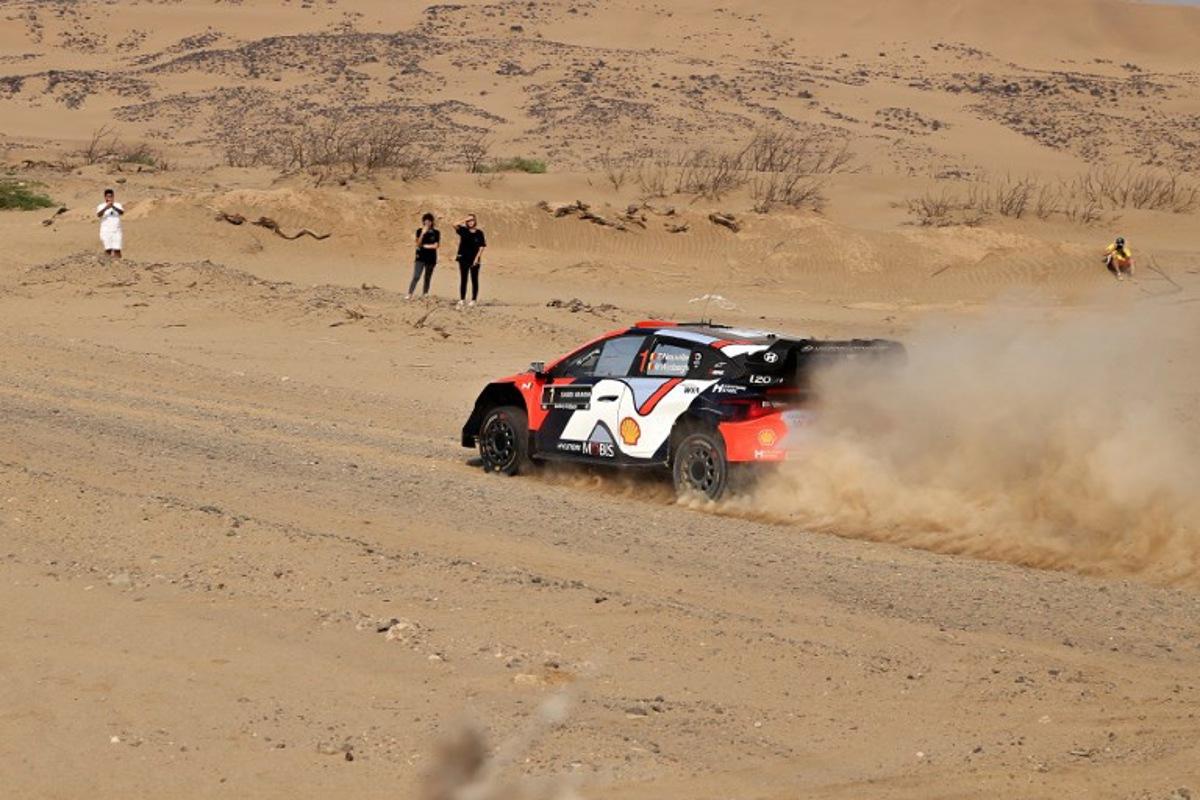 Hyundai Shell Mobis World Rally Team's Belgian driver Thierry Neuville and his co-driver Martijn Wydaeghe compete in their Hyundai i20 during stage 5 of the FIA World Rally Championship (WRC) in Jeddah on November 27, 2025. Fayez Nureldine / AFP