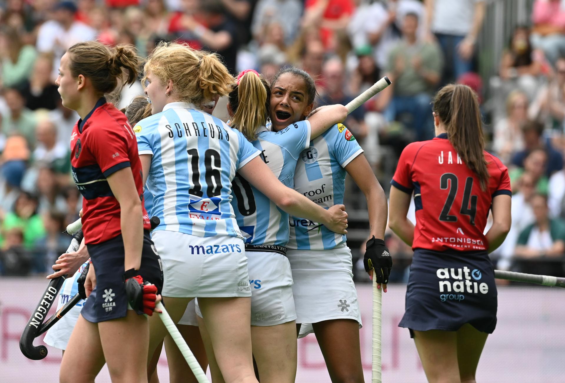 Gantoise's Ambre Ballenghien reacts during a hockey game between KHC Dragons and Gantoise, Sunday 21 May 2023 in Brasschaat, the second leg of the finals in the play-offs for the Belgian Women Hockey League season 2022-2023. BELGA PHOTO JOHN THYS