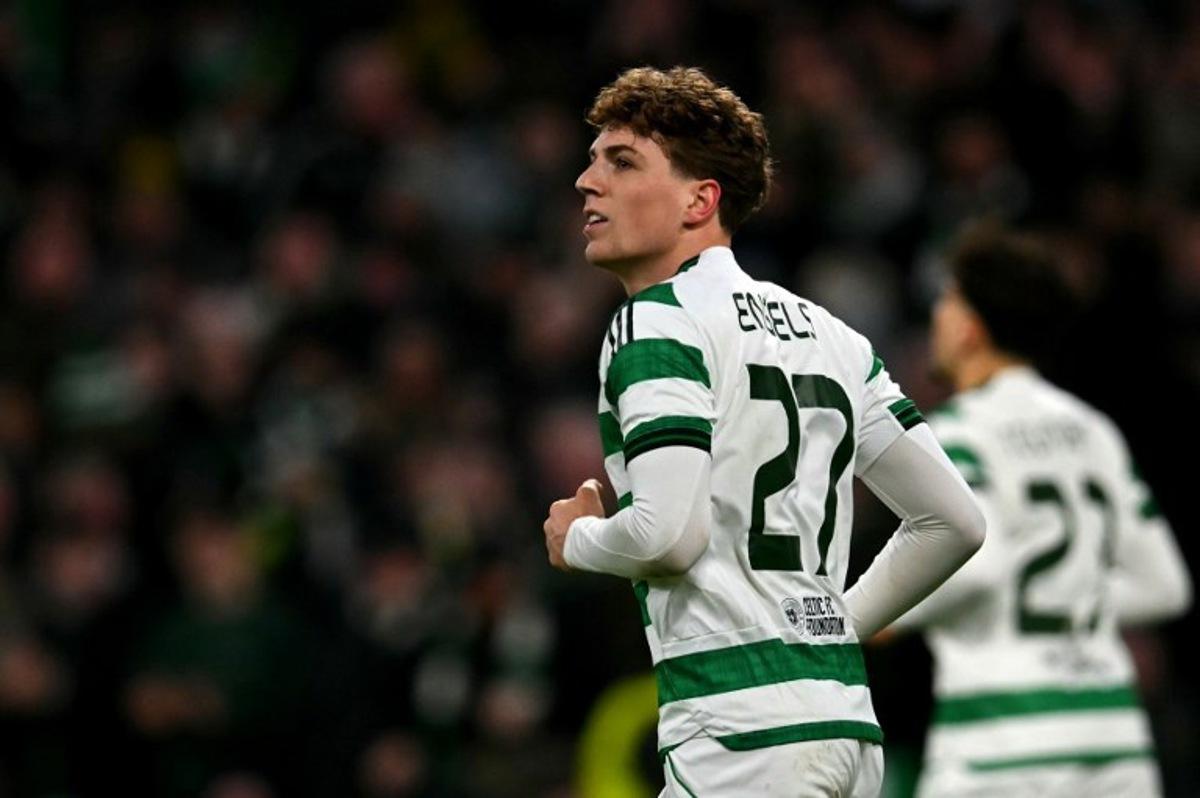 Celtic's Belgian midfielder #27 Arne Engels celebrates scoring the team's third goal during the UEFA Europa League league-stage football match between Celtic and FC Utrecht at Celtic Park in Glasgow on January 29, 2026. ANDY BUCHANAN / AFP