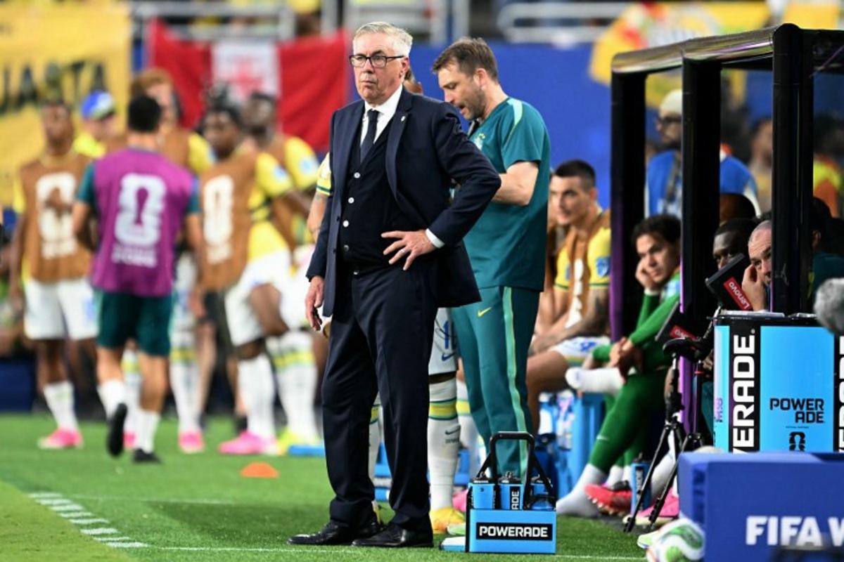 Brazil's Italian head coach Carlo Ancelotti gestures during the 2026 World Cup Group C football match between Scotland and Brazil at the Miami Stadium in Miami Gardens on June 24, 2026. CHANDAN KHANNA / AFP