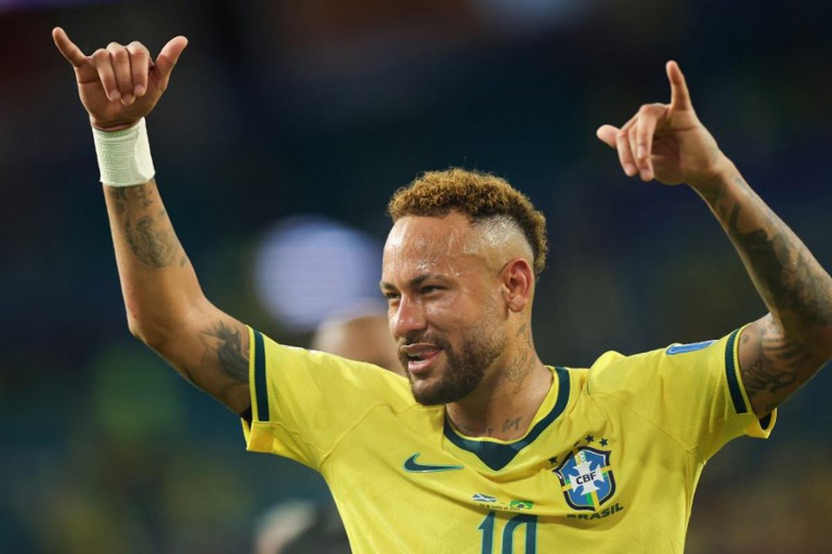 Brazil's forward #10 Neymar reacts after winning the 2026 World Cup Group C football match between Scotland and Brazil at the Miami Stadium in Miami Gardens on June 24, 2026. PATRICIA DE MELO MOREIRA / AFP