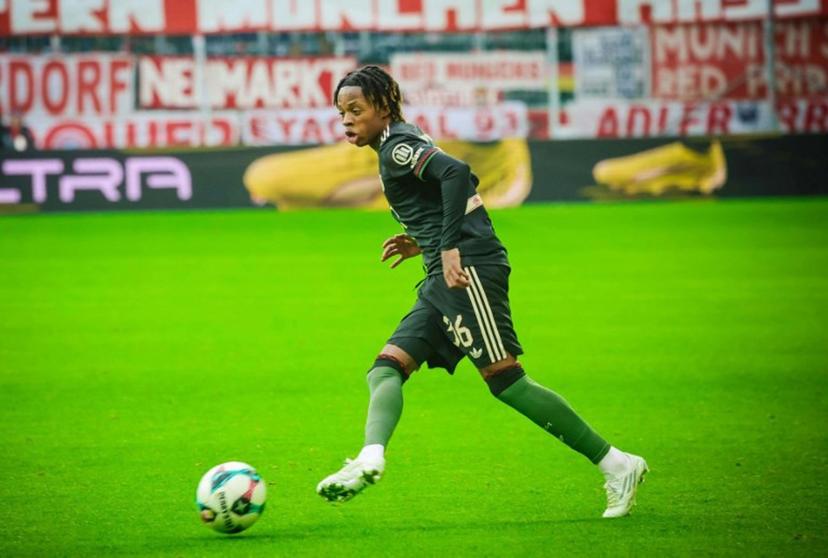 Bayern Munich's German-Nigerian forward #36 Wisdom Mike controls the ball during the friendly football match between Austrian first division Bundesliga football club Red Bull Salzburg the German first division Bundesliga football club FC Bayern Munich in Salzburg, Austria on January 6, 2026. DANIEL SCHARINGER / APA / AFP