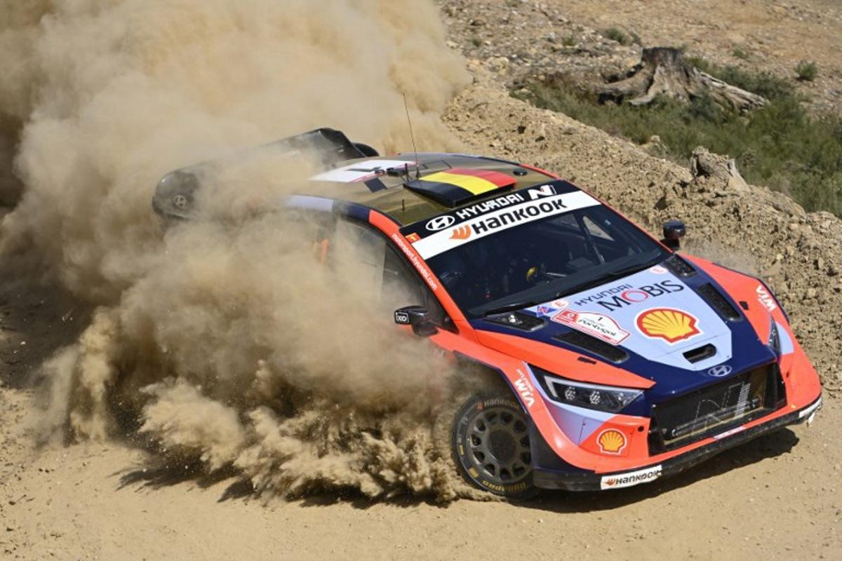 Thierry Neuville of Belgium and his co-driver Martijn Wydaeghe of Belgium compete in their Hyundai i20 during the SS9 stage of the World Rally Championship (WRC) Rally of Portugal in Mortagua, on May 16, 2025. MIGUEL RIOPA / AFP