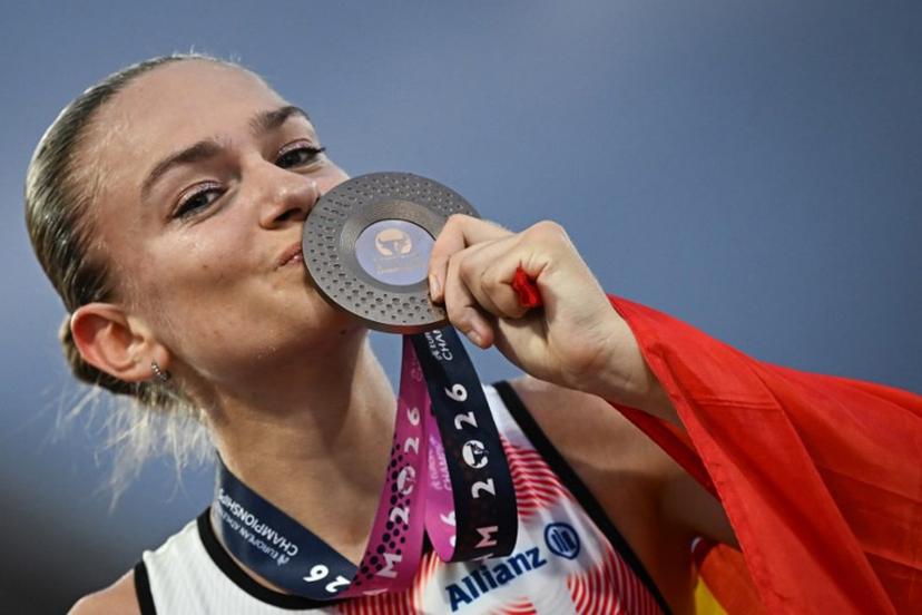 Bronze medallist Belgium's Jana van Lent celebrates after competing in the women's 10,000m final during the European Athletics Championships at Alexander Stadium in Birmingham on August 14, 2026. Paul ELLIS / AFP