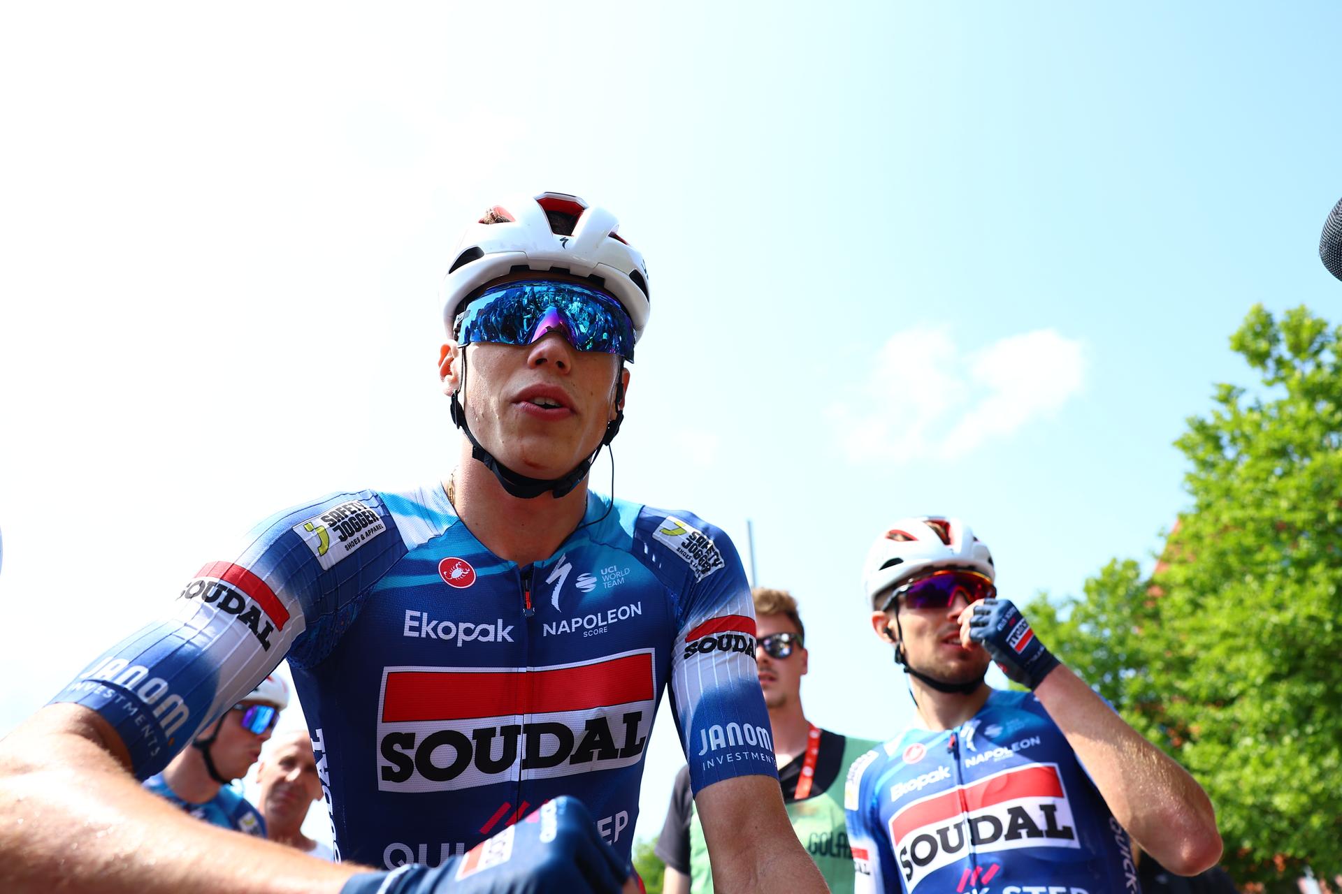 French Paul Magnier of Soudal Quick-Step pictured after winning the Elfstedenronde one day cycling race, race 4 (out of 8) of the Lotto Belgium Cup, 196 km with start and finish in Brugge, Sunday 15 June 2025. BELGA PHOTO DAVID PINTENS