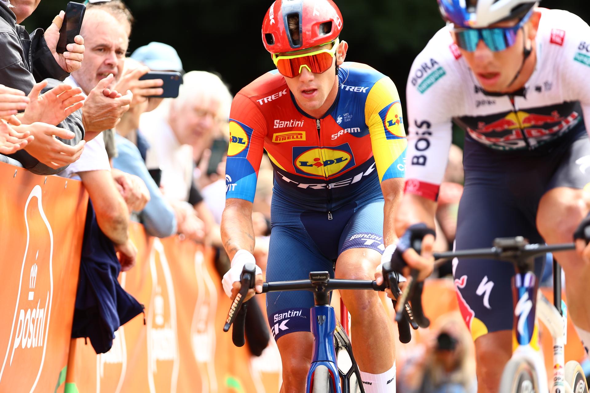 Belgian Thibau Nys of Lidl-Trek pictured in action during the third stage of the 'Renewi Tour' multi-stage cycling race, from Aalter to Geraardsbergen (179,9 km) on Friday 22 August 2025. The five-day race takes place in Belgium and the Netherlands. BELGA PHOTO DAVID PINTENS