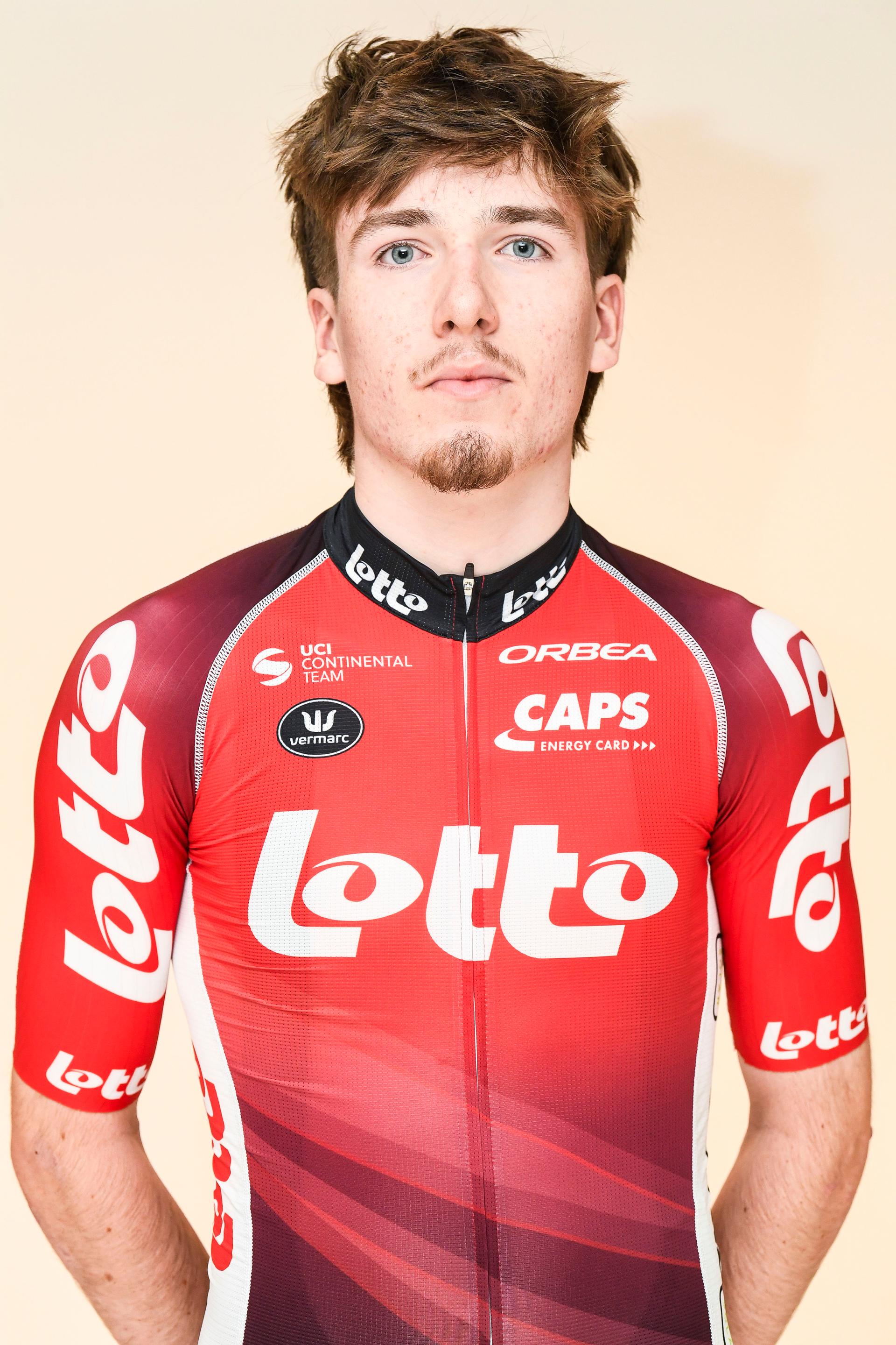 Belgian Kamiel Eeman of Lotto Cycling Team poses for the photographer during the Lotto Cycling Team media day, in Temse, Friday 03 January 2025. BELGA PHOTO GOYVAERTS