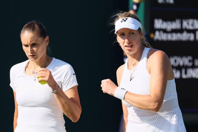 Alexandra Panova and Belgian Magali Kempen pictured at a tennis match between Belgian-/ pair Kempen-Panova and US-Polish pair Jovic-Linette in the first round of the Women's doubles at the Wimbledon grand slam tennis tournament in London, Britain, Thursday 02 July 2026. BELGA PHOTO BENOIT DOPPAGNE
