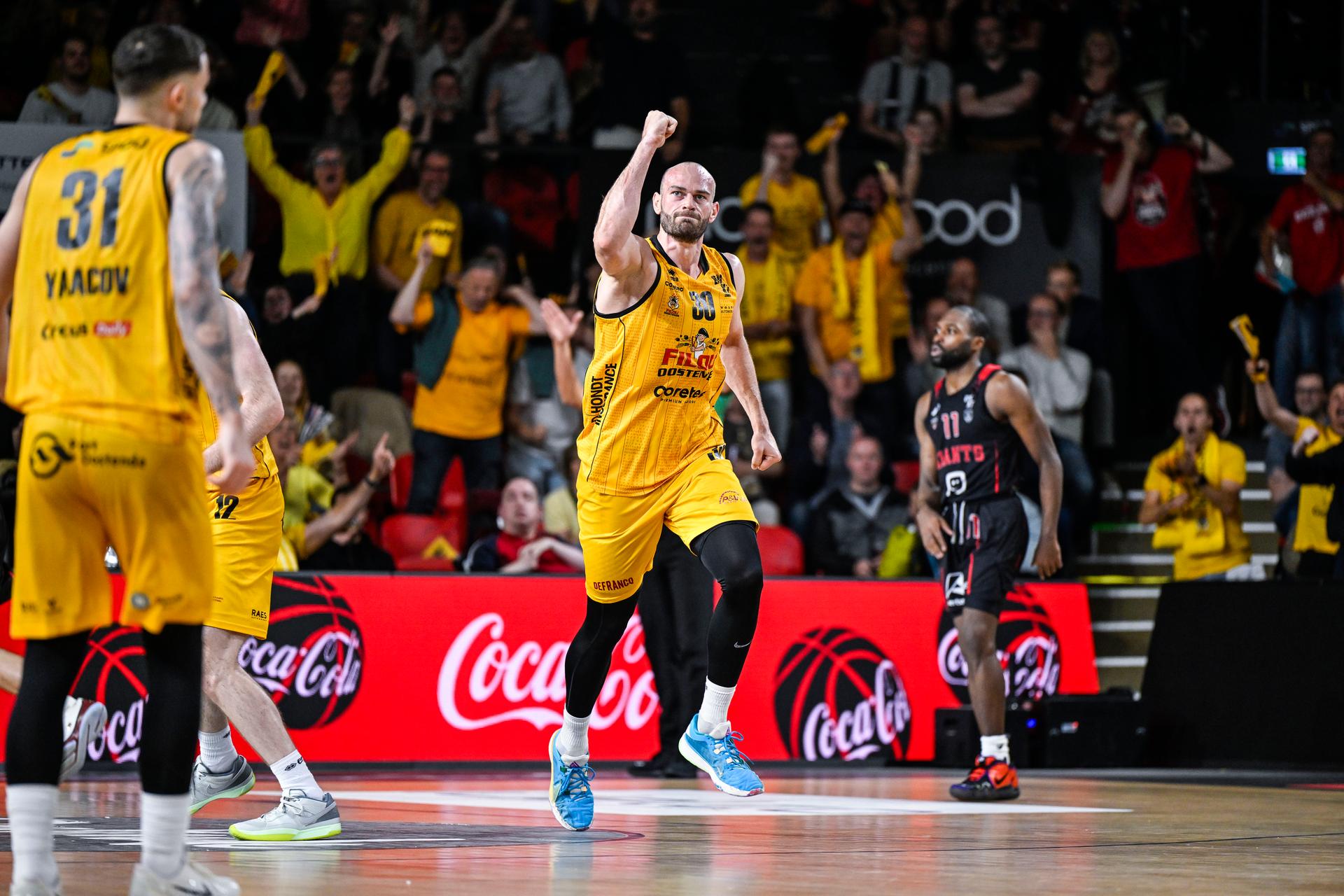 Oostende's Pierre-Antoine Gillet reacts during a basketball match between BC Oostende and Antwerp Giants, Thursday 11 June 2026, in Oostende, game 4 (out of 5) in the Playoffs final of the 'BNXT League' Belgian/ Dutch first division basket championship. BELGA PHOTO TOM GOYVAERTS