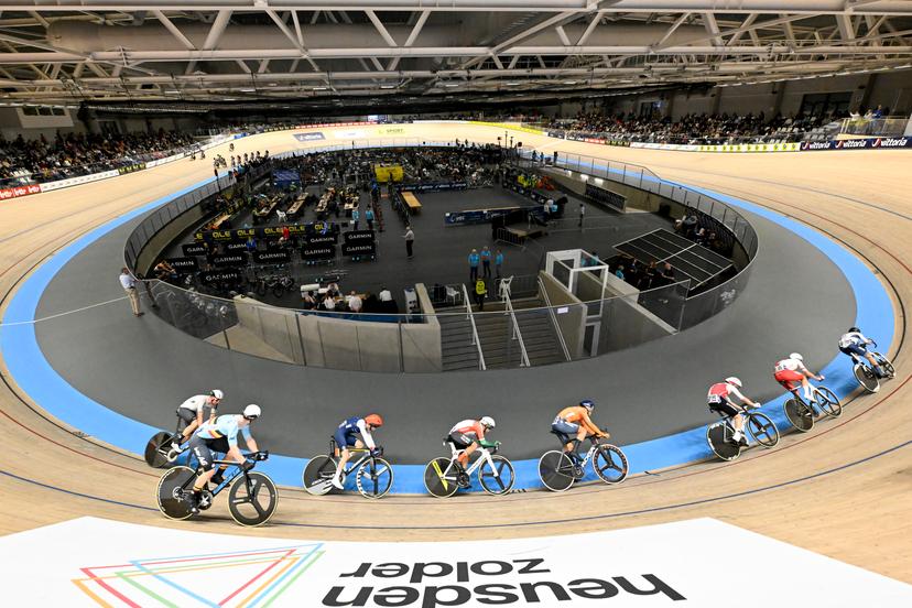 Belgian Jasper De Buyst pictured in action during the men's Points Race final at the 2025 UEC Track Elite European Championships, in Heusden-Zolder, Belgium, Thursday 13 February 2025. The European Championships take place from 12 to 16 February. BELGA PHOTO DIRK WAEM