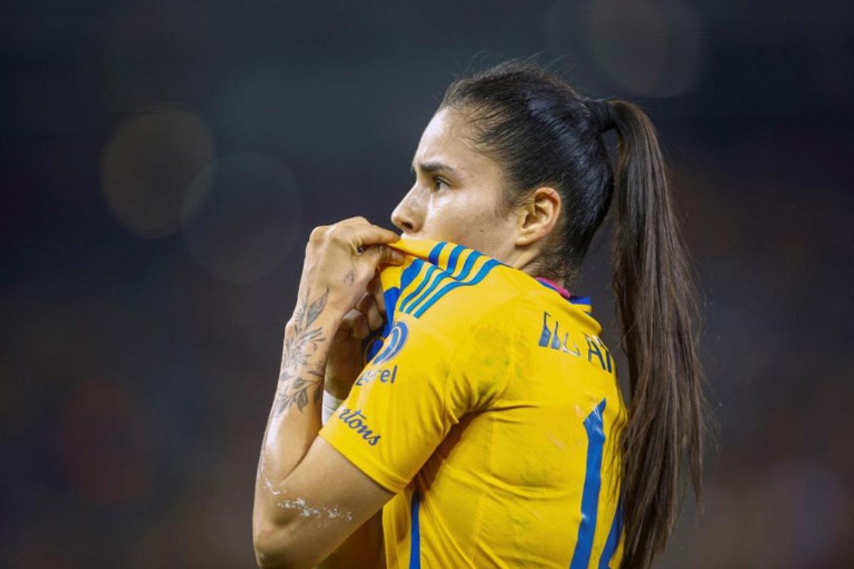 Lizbeth Ovalle of Tigres Femenil celebrates after scoring during the Liga MX Femenil Apertura football tournament final match between Tigres and Rayadas at BBVA Bancomer stadium in Monterrey, Mexico, on November 25, 2024. Julio Cesar AGUILAR / AFP