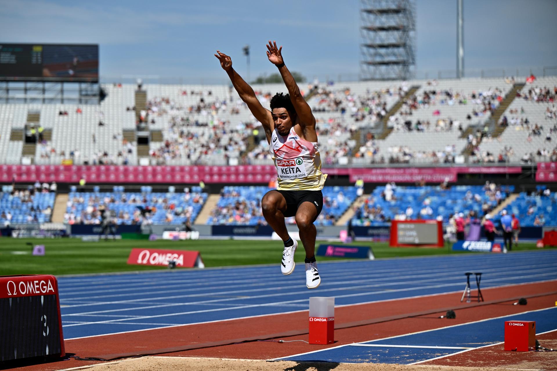 Belgian Dai Keita pictured during the long jump event of the men's decathlon competition, on the third day of the European Athletics Championships (August 10-18) in Birmingham, United Kingdom, on Wednesday 12 August 2026. BELGA PHOTO ERIC LALMAND