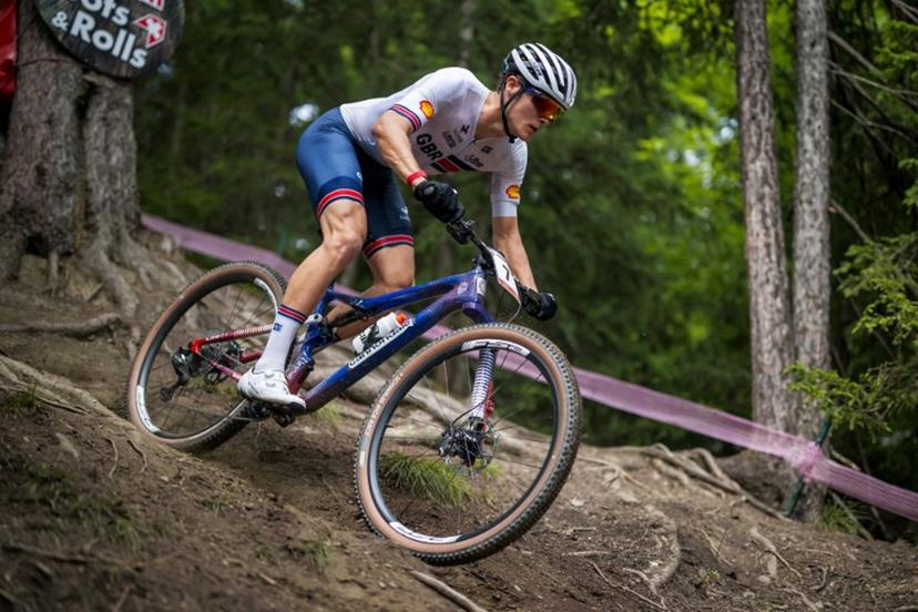 Great Britain's Charlie Aldridge competes during the Men's elite Cross-country Olympic race as part of the 2025 UCI Mountain Bike World Championships in Crans-Montana on September 14, 2025. Fabrice COFFRINI / AFP
