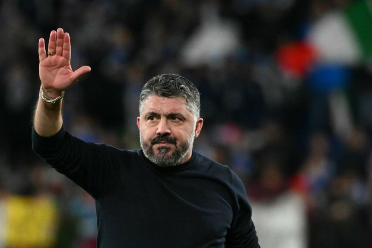 Italy's headcoach Gennaro Gattuso celebrates after winning the play-off FIFA World Cup 2026 European qualification semi-final football match between Italy and North Ireland at the Gewiss stadium in Bergamo, on March 26, 2026. Alberto PIZZOLI / AFP