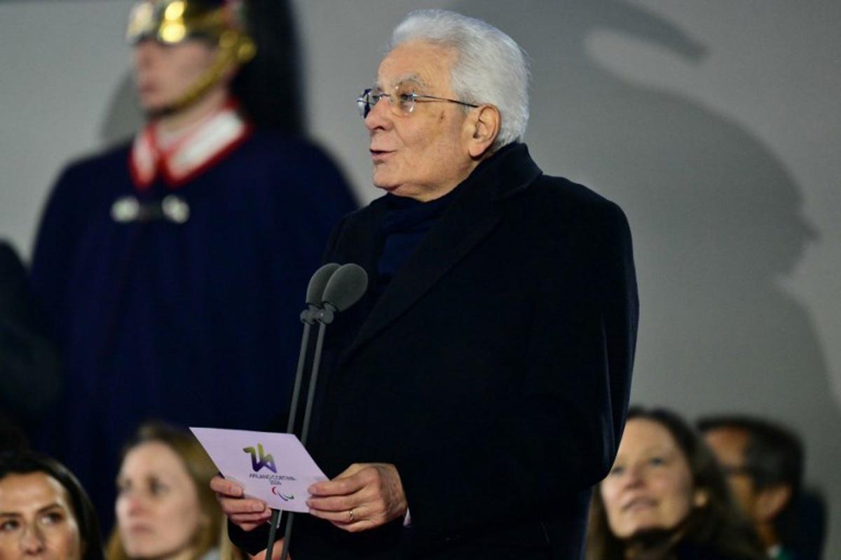 President of Italy Sergio Mattarella delivers a speech during the Milano Cortina 2026 Winter Paralympic Games opening ceremony at Arena di Verona in Verona on March 6, 2026. Stefano RELLANDINI / AFP