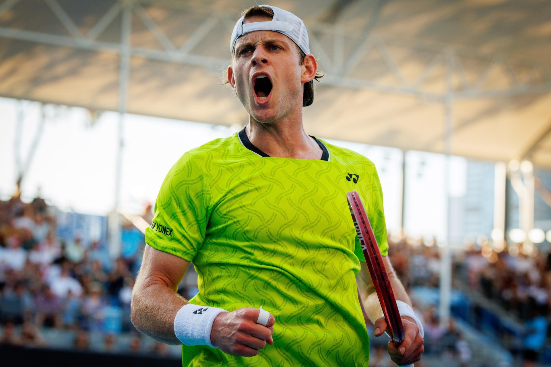 Belgium's Zizou Bergs (ATP 43) pictured in action during a first round match against Poland's Hurkacz (ATP 55) in the men singles at the Australian Open, Melbourne Park, Melbourne on Tuesday 20 January 2026. BELGA PHOTO PATRICK HAMILTON --- BENELUX ONLY ---