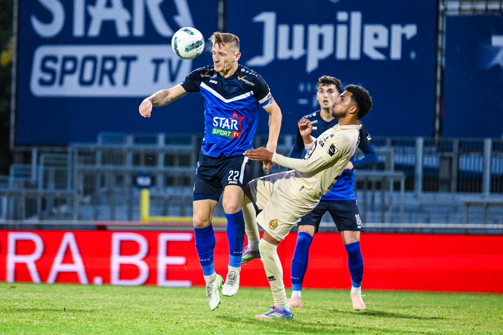 Dender's Gilles Ruyssen and Mechelen's Bilal Bafdili pictured in action during a soccer match between FCV Dender EH and KV Mechelen, Saturday 24 May 2025 in Denderleeuw, on day 10 (out of 10) of the Europe Play-offs of the 2024-2025 'Jupiler Pro League' first division of the Belgian championship. BELGA PHOTO TOM GOYVAERTS