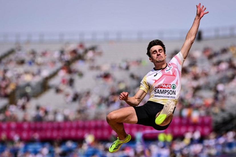 Belgium's Yanni Sampson competes in the men's long jump qualifier during the European Athletics Championships at Alexander Stadium in Birmingham on August 10, 2026. Ben STANSALL / AFP