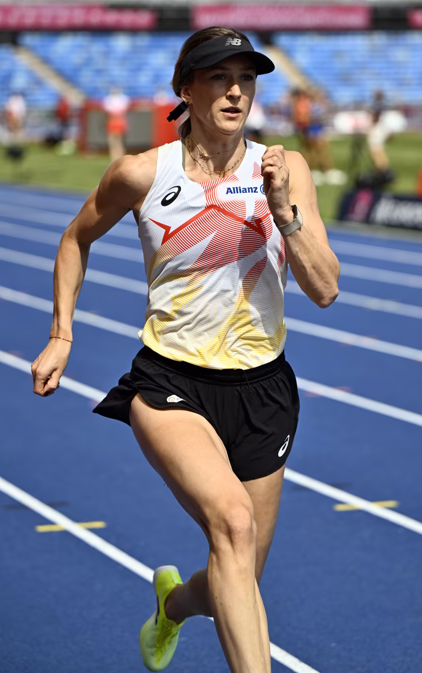 Belgian Paulien Couckuyt pictured in action during a training session in preparation of the European Athletics Championships (August 10�18), in Birmingham, United Kingdom, on Sunday 09 August 2026. BELGA PHOTO ERIC LALMAND