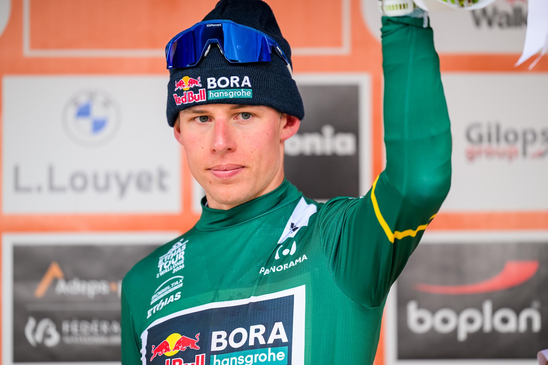 New Zealander Laurence Pithie of Red Bull-BORA-hansgrohe pictured on the podium after the fifth stage of the Tour De Wallonie cycling race, from Bassenge to Aubel (176,4 km), on Friday 05 June 2026. BELGA PHOTO DAVID PINTENS