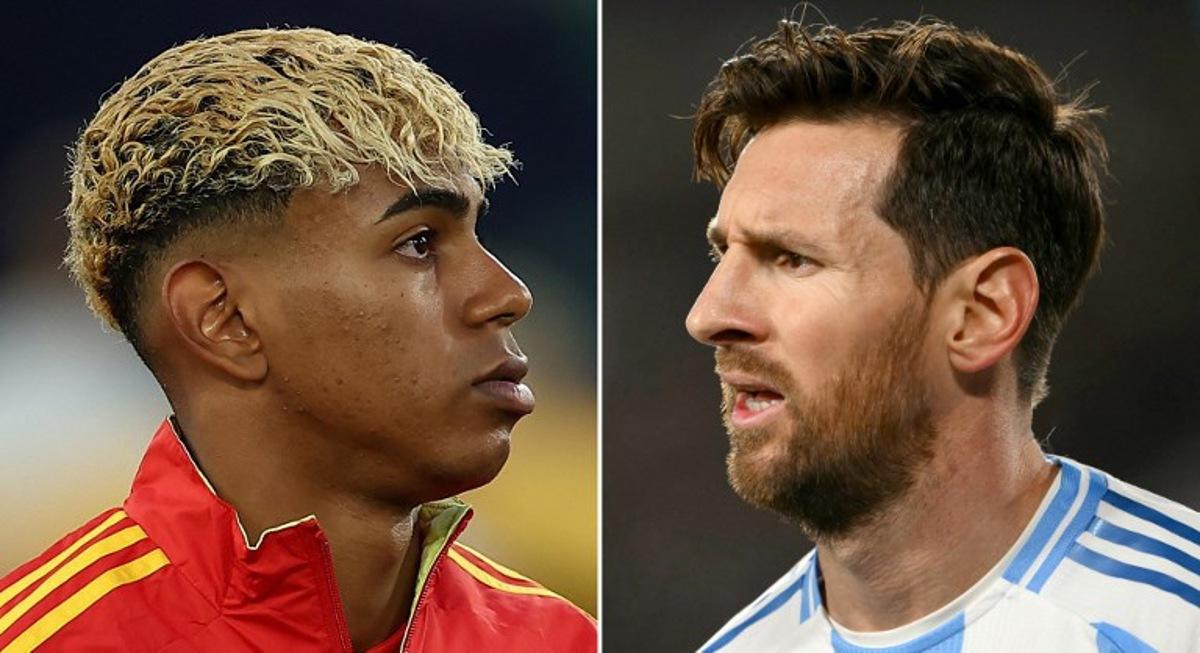 (COMBO) This combination of file pictures created on November 14, 2025, shows Spain's forward #19 Lamine Yamal (L) walking onto the pitch prior to the UEFA Nations League semi-final football match between Spain and France in Stuttgart, southwestern Germany, on June 5, 2025, and Argentina's forward #10 Lionel Messi looking on during the 2026 FIFA World Cup South American qualifiers football match between Argentina and Colombia at the Mas Monumental stadium in Buenos Aires on June 10, 2025. The Finalissima between Lionel Messi's Argentina and Lamine Yamal's Spain will be played in March on neutral ground, said CONMEBOL president Alejandro Dominguez on November 20, 2025, in Asuncion, speaking to AFP and a Paraguayan media outlet. Franck FIFE, Luis ROBAYO / AFP