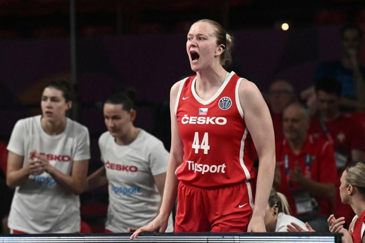 Czech Republic's centre Julia Reisingerova reacts from the bench during the FIBA Women's EuroBasket 2025 quarter-final match between Spain and Czech Republic at the Peace and Friendship Stadium in Piraeus near Athens on June 25, 2025. Angelos Tzortzinis / AFP
