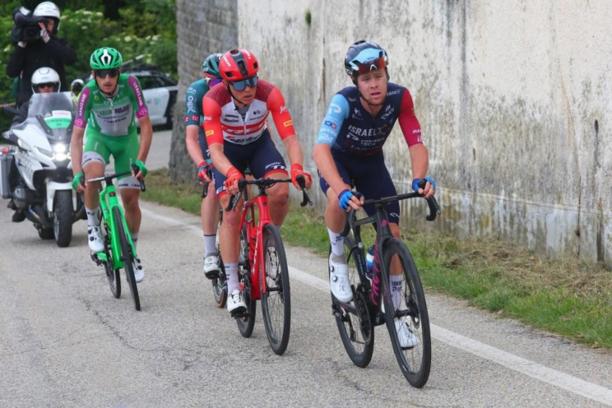 (From R) Israel - Premier Tech's Australian rider Sebastian Berwick, Trek - Segafredo's Latvian rider Toms Skujins, BORA - hansgrohe's German rider Nico Denz and Green Project-Bardiani CSF-Faizane's Italian rider Alessandro Tonelli cycle during their breakaway in the twelfth stage of the Giro d'Italia 2023 cycling race, 179 km between Bra and Rivoli, on May 18, 2023. Luca Bettini / AFP