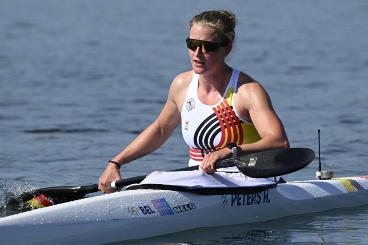 Belgium's Hermien Peters reacts after competing in the women's kayak single 500m semifinal of the canoe sprint competition at Vaires-sur-Marne Nautical Stadium in Vaires-sur-Marne during the Paris 2024 Olympic Games on August 10, 2024. Olivier MORIN / AFP