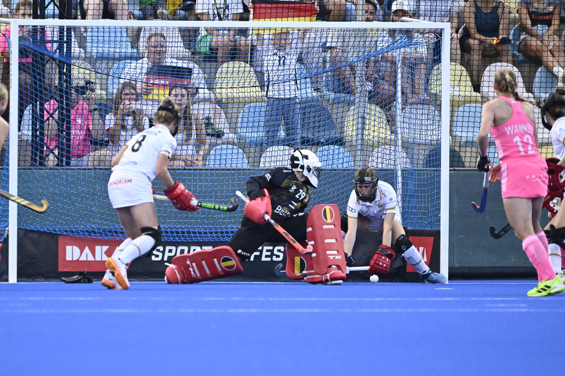 Belgium's goalkeeper Elodie Picard pictured in action during a hockey game between Germany and the Belgian national team Red Panthers, the semi-finals of the 2025 women's European championships, Friday 15 August 2025 in Monchengladbach, Germany. BELGA PHOTO ERIC LALMAND