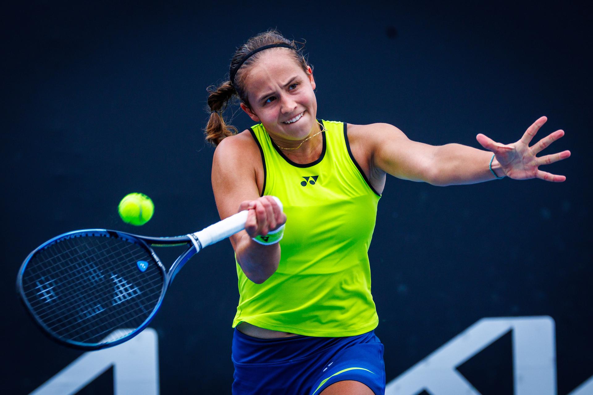 Belgium¿s Hanne Vandewinkel during a qualifying match against USA¿s Carol Young Suh at the Australian Open, Melbourne Park, Melbourne, January 13, 2026. Photo by Patrick Hamilton/SIPA USA) --- BENELUX ONLY ---