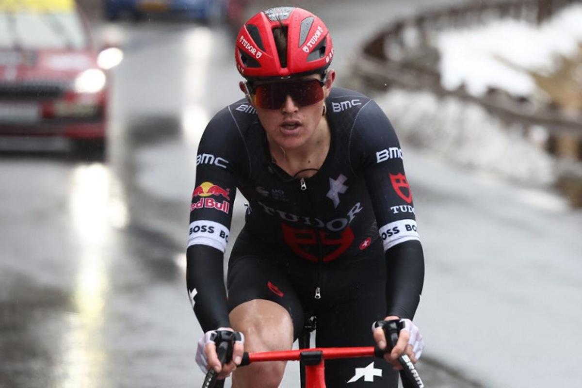 Tudor Pro Cycling Team's Australian rider Michael Storer cycles in a breakaway in the final kilometers of the 7th stage of the Paris-Nice cycling race, 109,3 km between Nice and Auron, on March 15, 2025. Anne-Christine POUJOULAT / AFP