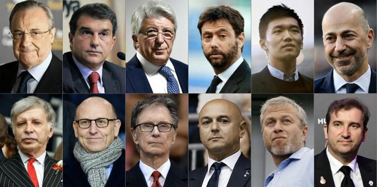(COMBO) This combination of file pictures created on April 20, 2021 shows the owners or chairmen of the twelve major European Football clubs that announced on April 19, 2021 the launch of a breakaway European Super League in a potentially seismic shift in the way football is run, (from top left to bottom right) Real Madrid's Florentino Perez, FC Barcelona's Joan Laporta, Atletico Madrid's Enrique Cerezo, Juventus's Andrea Agnelli, Inter Milan's Steven Zhang, AC Milan's Ivan Gazidis, Arsenal's Stan Kroenke, Manchester United's Joel Glazer, Liverpool's John W Henry, Tottenham Hotspur's chairman Daniel Levy, Chelsea's Roman Abramovich, and Manchester City's Ferran Soriano. FRANCK FIFE, ALBERTO PIZZOLI, OSCAR DEL POZO, Adrian DENNIS, Lluis GENE, Giuseppe CACACE, Oli SCARFF, Ian KINGTON, Marco BERTORELLO / AFP / IKIMAGES NOT FOR MARKETING OR ADVERTISING USE / RESTRICTED TO EDITORIAL USE RESTRICTED TO EDITORIAL USE. No use with unauthorized audio, video, data, fixture lists, club/league logos or 'live' services. Online in-match use limited to 45 images, no video emulation. No use in betting, games or single club/league/player publications. RESTRICTED TO EDITORIAL USE. NO USE WITH UNAUTHORIZED AUDIO, VIDEO, DATA, FIXTURE LISTS, CLUB/LEAGUE LOGOS OR ¿LIVE¿ SERVICES. ONLINE IN-MATCH USE LIMITED TO 45 IMAGES, NO VIDEO EMULATION. NO USE IN BETTING, GAMES OR SINGLE CLUB/LEAGUE/PLAYER PUBLICATIONS.