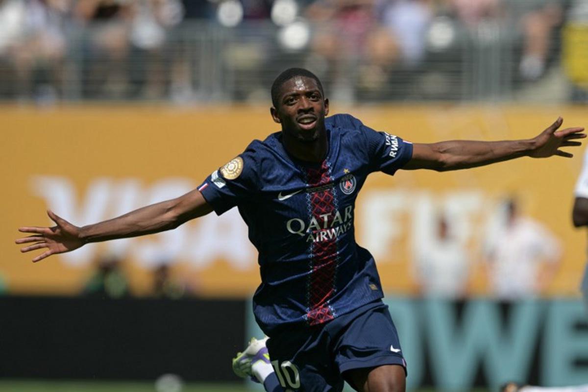 Paris Saint-Germain's French forward #10 Ousmane Dembele celebrates scoring his team's second goal during the FIFA Club World Cup 2025 semifinal football match between France's Paris Saint-Germain and Spain's Real Madrid at the MetLife stadium in East Rutherford, New Jersey on July 9, 2025. JUAN MABROMATA / AFP